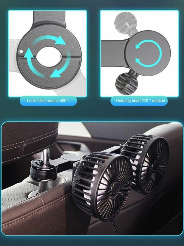 12V 24V Car Seat Back Cooling Fan USB Dual Head Fan 3 Speeds 360 Rotation  |  Car Charger Car Electronics Car Charger