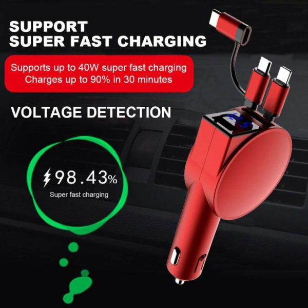 3 in 1 60W Car Charger Adapter Dual Port Two Retractable Cables for Mobile Phone  |  Car Charger Car Charger Car Charger