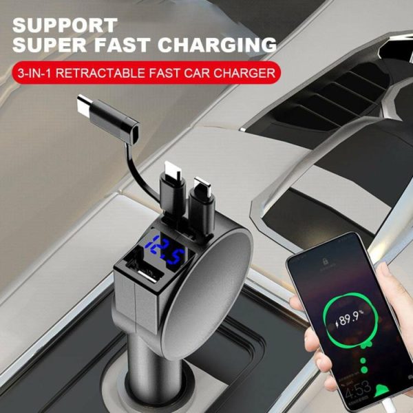 3 in 1 60W Car Charger Adapter Dual Port Two Retractable Cables for Mobile Phone  |  Car Charger Car Charger Car Charger