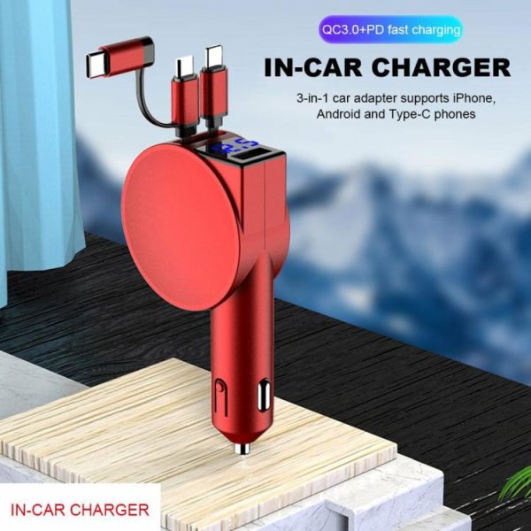 3 in 1 60W Car Charger Adapter Dual Port Two Retractable Cables for Mobile Phone  |  Car Charger Car Charger Car Charger