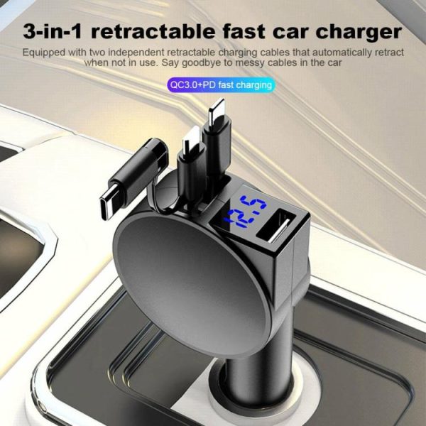 3 in 1 60W Car Charger Adapter Dual Port Two Retractable Cables for Mobile Phone  |  Car Charger Car Charger Car Charger