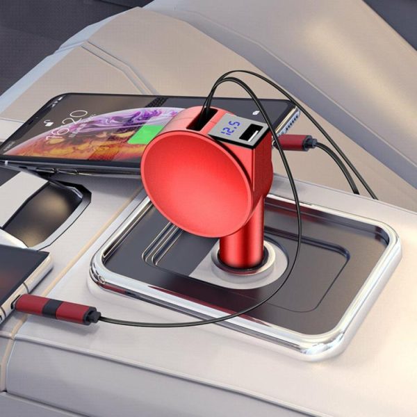 3 in 1 60W Car Charger Adapter Dual Port Two Retractable Cables for Mobile Phone  |  Car Charger Car Charger Car Charger