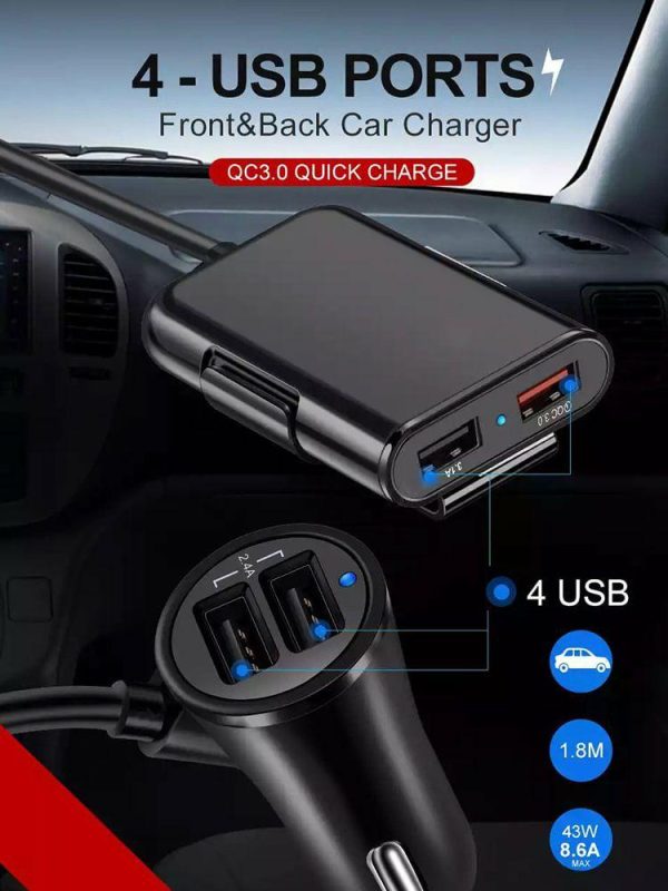 4 USB Port Car Charger 40W 8A Car Phone Charger for Laptop Smartphone PSP Camera  |  Car Charger Car Charger Black