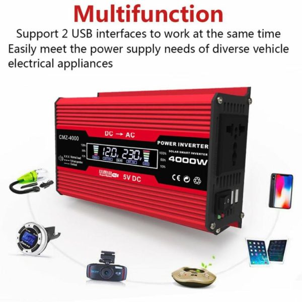 4000W Dual USB Inverter 12V to 110V/220V Charge Converter Car Inverter  |  Jump Starter & Inverters Car Electronics Black/Red