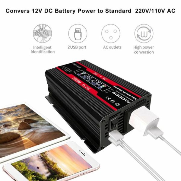 4000W Dual USB Inverter 12V to 110V/220V Charge Converter Car Inverter  |  Jump Starter & Inverters Car Electronics Black/Red