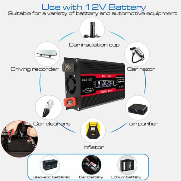 4000W Dual USB Inverter 12V to 110V/220V Charge Converter Car Inverter  |  Jump Starter & Inverters Car Electronics Black/Red