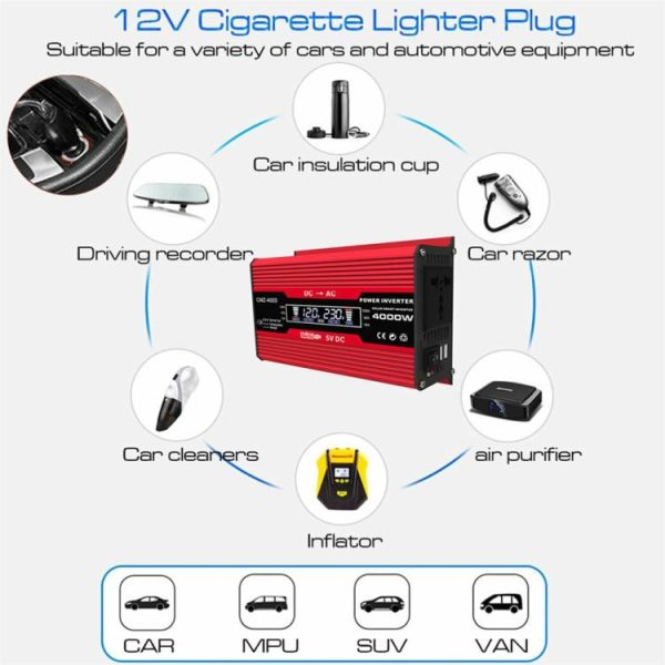 4000W Dual USB Inverter 12V to 110V/220V Charge Converter Car Inverter  |  Jump Starter & Inverters Car Electronics Black/Red