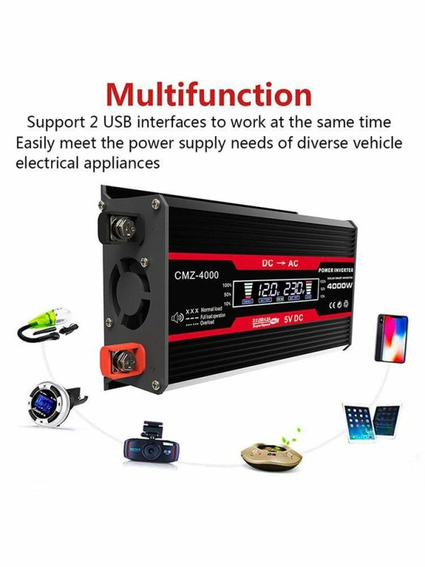 4000W Dual USB Inverter 12V to 110V/220V Charge Converter Car Inverter  |  Jump Starter & Inverters Car Electronics Black/Red