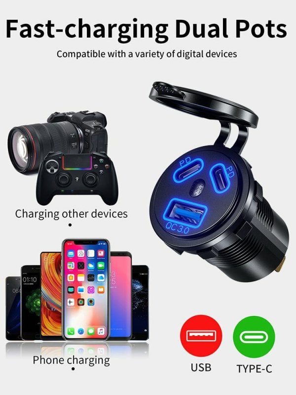 45W Fast Charge Adapter Dual PD Type-C Car Power Adapter QC3.0 for Auto Boat ATV  |  Car Charger Car Charger Car Charger