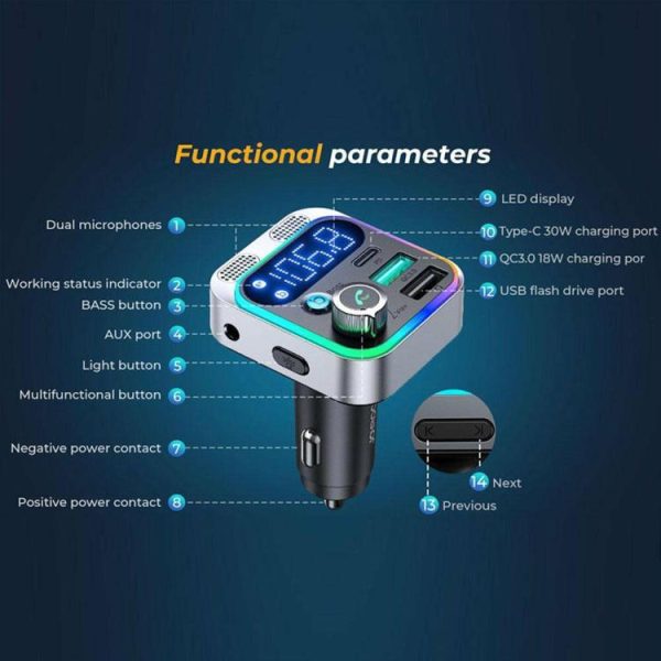 Bluetooth-compatible 5.0 Car Charger 48W Car Wireless Transmitter Type-C USB AUX  |  Car Charger Car Charger Car Charger