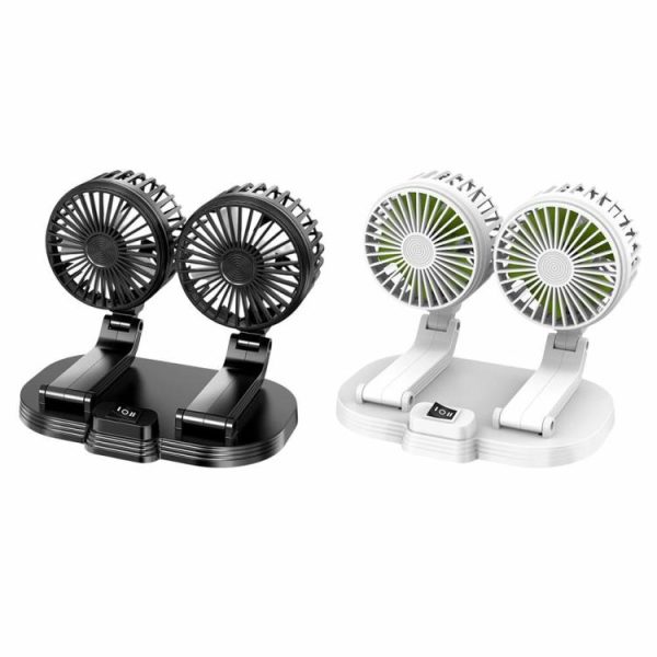 Car Fan Dual Head USB Fan 360 Degree Adjustable Vehicle Fan 2 Speeds Desk Fan  |  Car Charger Car Charger Black/White