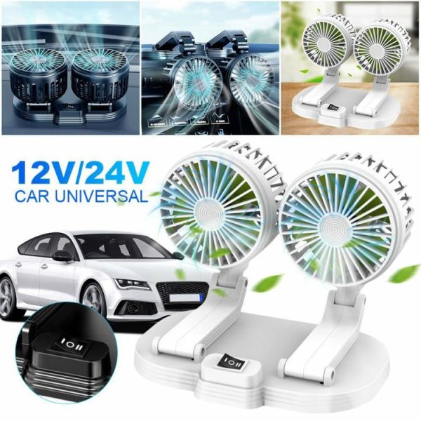 Car Fan Dual Head USB Fan 360 Degree Adjustable Vehicle Fan 2 Speeds Desk Fan  |  Car Charger Car Charger Black/White