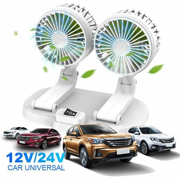 Car Fan Dual Head USB Fan 360 Degree Adjustable Vehicle Fan 2 Speeds Desk Fan  |  Car Charger Car Charger Black/White