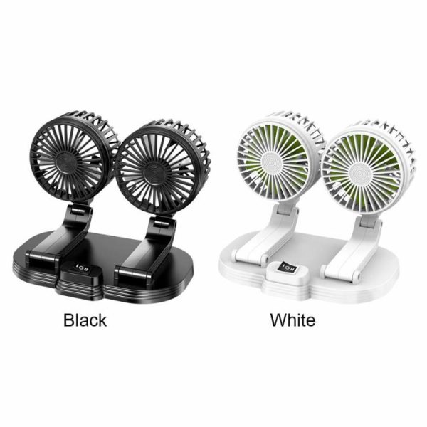 Car Fan Dual Head USB Fan 360 Degree Adjustable Vehicle Fan 2 Speeds Desk Fan  |  Car Charger Car Charger Black/White