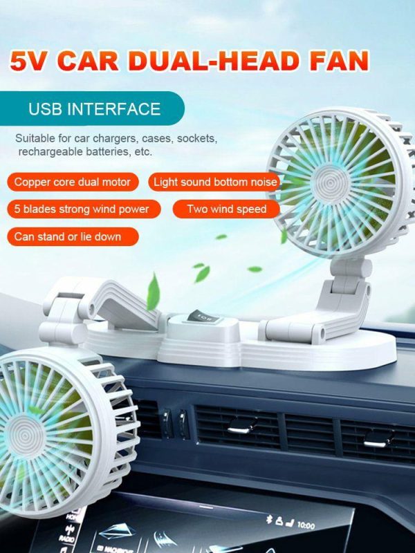 Car Fan Dual Head USB Fan 360 Degree Adjustable Vehicle Fan 2 Speeds Desk Fan  |  Car Charger Car Charger Black/White