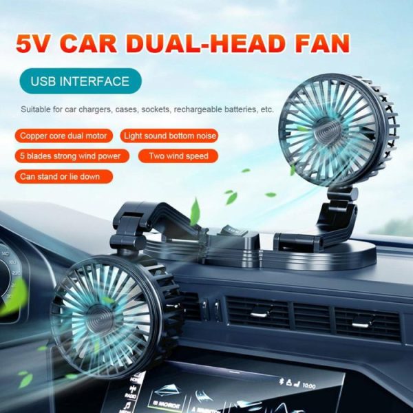 Car Fan Dual Head USB Fan 360 Degree Adjustable Vehicle Fan 2 Speeds Desk Fan  |  Car Charger Car Charger Black/White