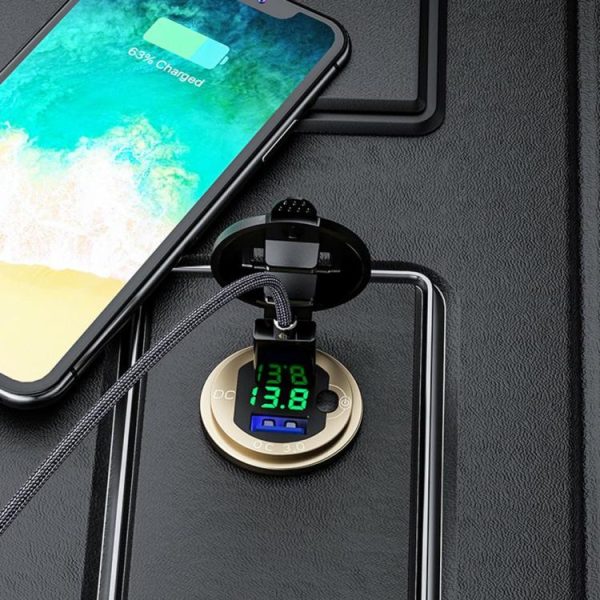 L4 Car Dual USB Charger QC3.0 USB Socket Power Outlet w/ Voltmeter + Switch  |  Car Charger Car Charger Black/Red/Gold/Blue