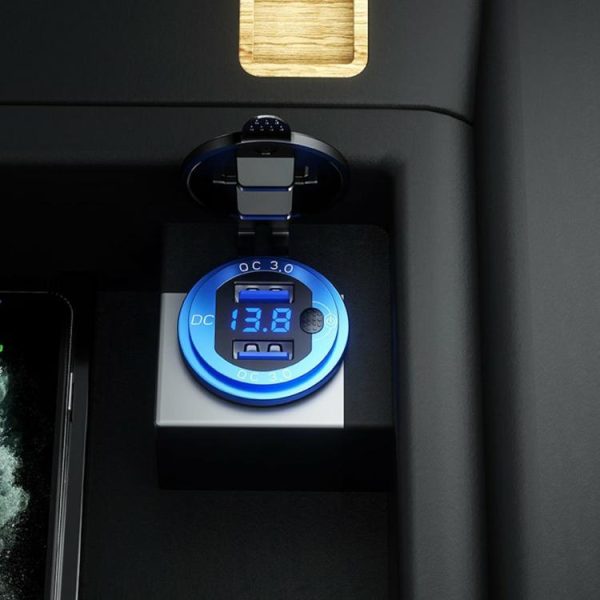 L4 Car Dual USB Charger QC3.0 USB Socket Power Outlet w/ Voltmeter + Switch  |  Car Charger Car Charger Black/Red/Gold/Blue