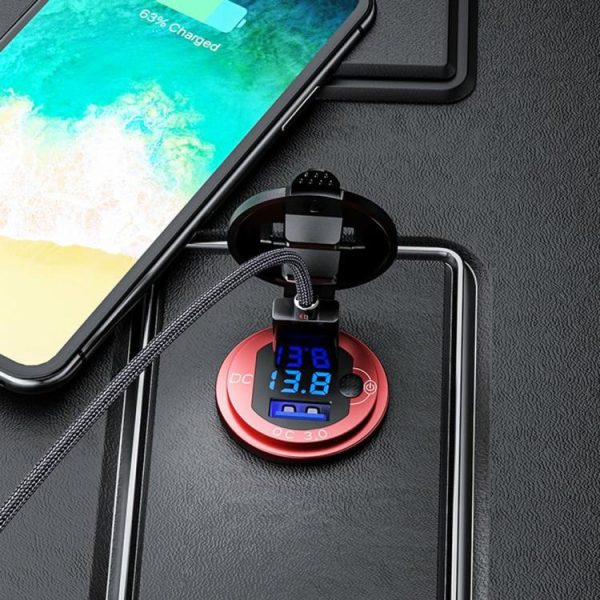 L4 Car Dual USB Charger QC3.0 USB Socket Power Outlet w/ Voltmeter + Switch  |  Car Charger Car Charger Black/Red/Gold/Blue