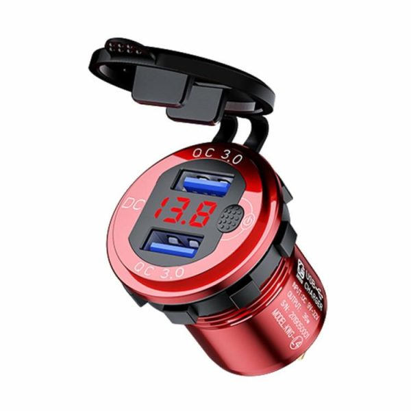 L4 Car Dual USB Charger QC3.0 USB Socket Power Outlet w/ Voltmeter + Switch  |  Car Charger Car Charger Black/Red/Gold/Blue