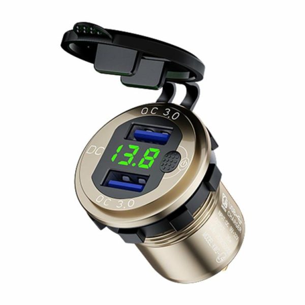 L4 Car Dual USB Charger QC3.0 USB Socket Power Outlet w/ Voltmeter + Switch  |  Car Charger Car Charger Black/Red/Gold/Blue