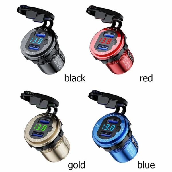 L4 Car Dual USB Charger QC3.0 USB Socket Power Outlet w/ Voltmeter + Switch  |  Car Charger Car Charger Black/Red/Gold/Blue