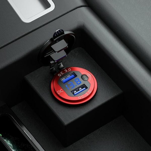 L4 Car Dual USB Charger QC3.0 USB Socket Power Outlet w/ Voltmeter + Switch  |  Car Charger Car Charger Black/Red/Gold/Blue