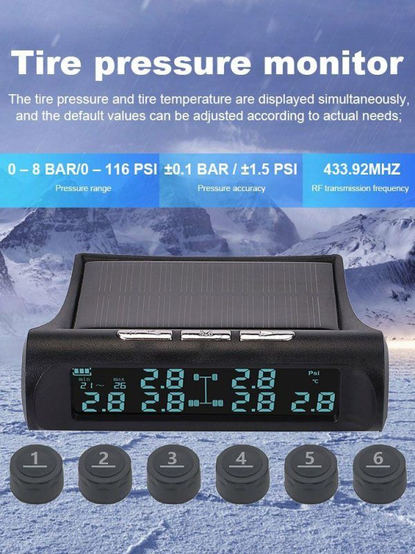 Wireless Car Tire Pressure Monitor 6 External Sensor Digital TPMS USB Solar 7Bar  |  Alarm System & Safety Car Electronics Alarm System & Safety