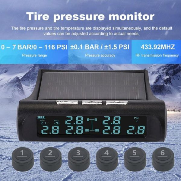 Wireless Car Tire Pressure Monitor 6 External Sensor Digital TPMS USB Solar 7Bar  |  Alarm System & Safety Car Electronics Alarm System & Safety